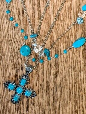 Entire Wardrobe Of 5 Faux Turquoise & Silvertone Necklaces, Layered Necklaces